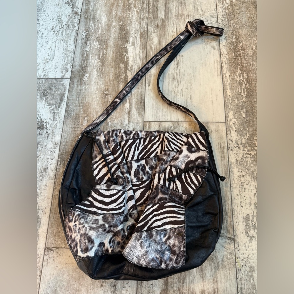 Chi Falchi Black Leather With Leopard & Zebra Print Hobo Crossbody Shoulder Bag